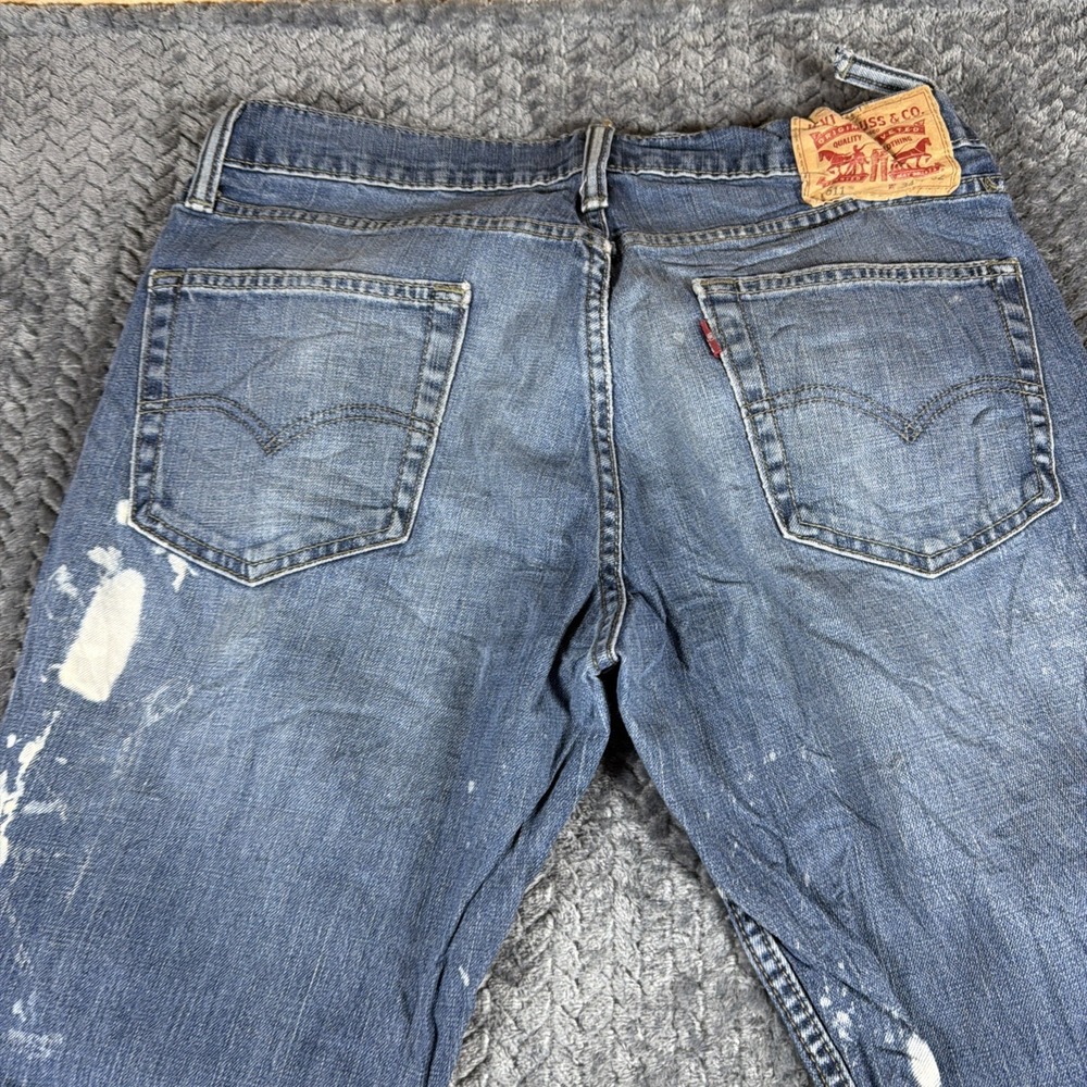 Levis 511 Slim Jeans Mens 34x32 Medium Wash Blue Stretch Denim Stained - Picture 15 of 16